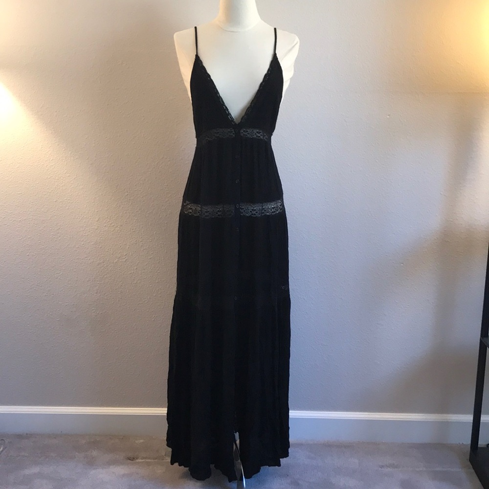 Black Cotton Button Down Maxi Dress W/Lace Trim